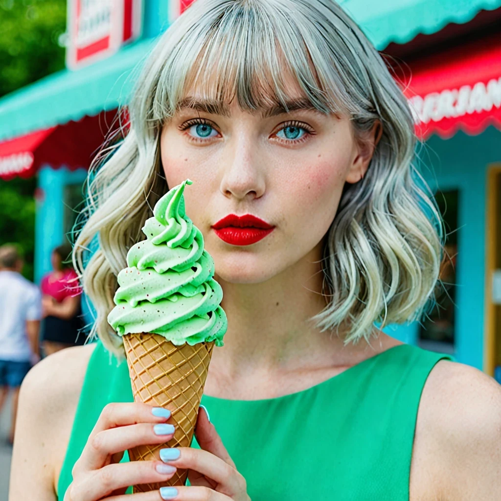 a close-up of a person holding an ice cream cone, sweet girl, woman with wavy silver hair, bangs, light blue eyes, red lips, tender green dress,