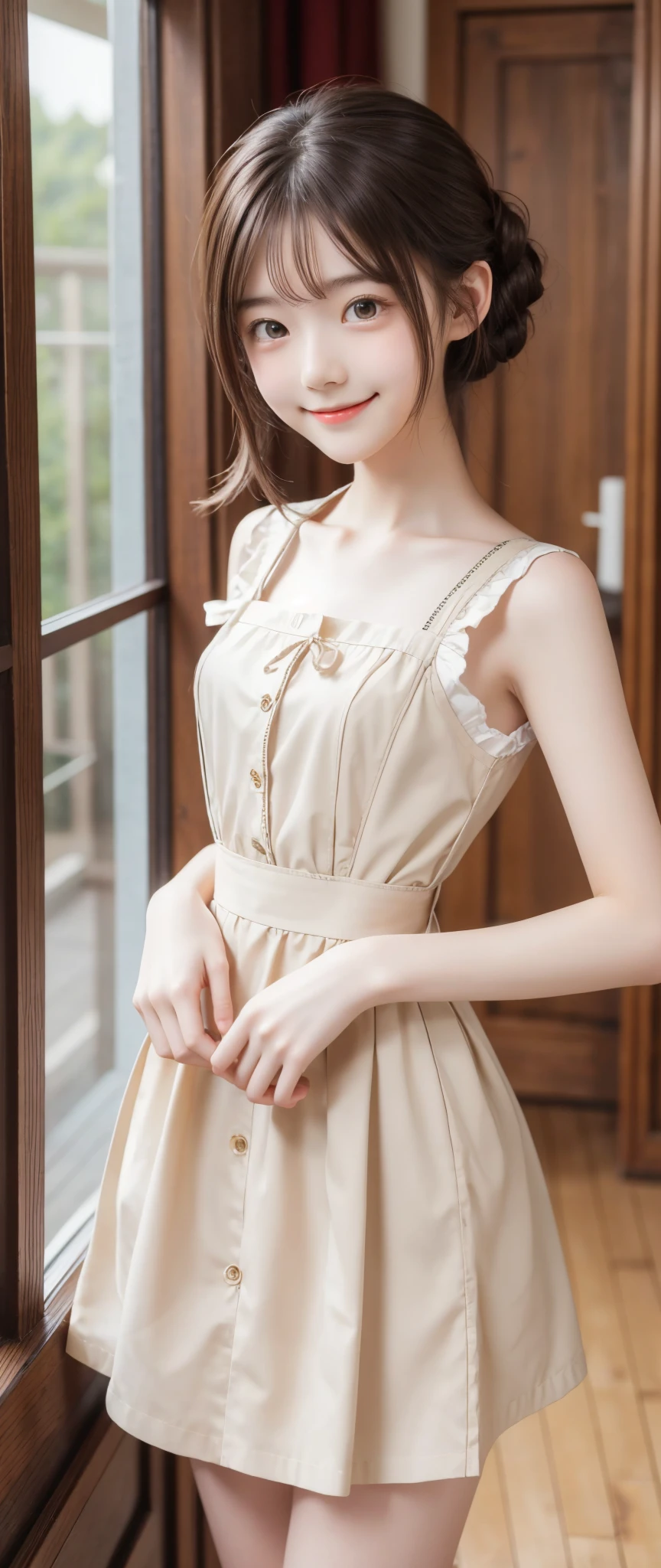 Maid,cute pretty girl,masterpiece,high definition,4k,8k,16k,chignon hair,brown hair,skinny,thin body,smile