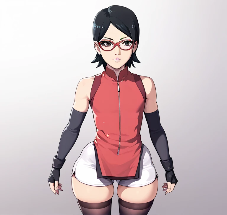 BBC_Chan style , Sarada Uchiha, Alone, 1 girl,  black hair,  short hair, glasses con marco rojo, glasses,  black eyes,red dress, sleeveless,  elbow gloves ,  black gloves ,  fingerless gloves ,  white shorts ,  black thigh-high stockings ,  thigh cover , big round buttock ,  curvy butt  ,  flat chest , full lips ,  very wide hips,  thick thighs , vista tradera 