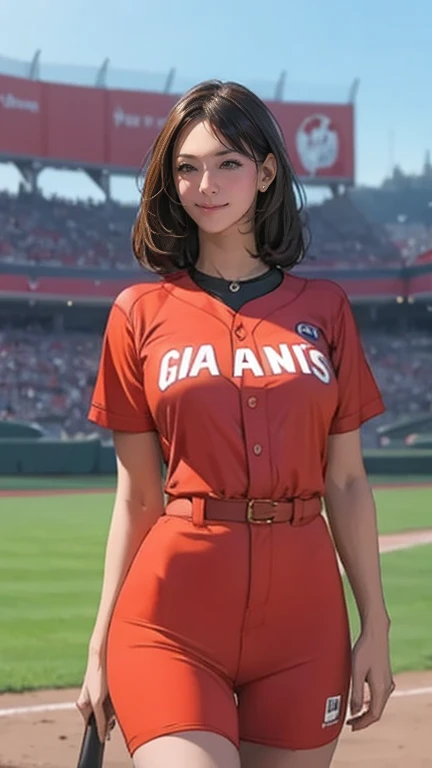 A very beautiful woman is wearing a red Cubs uniform,Hit at Giants Stadium 、 bat