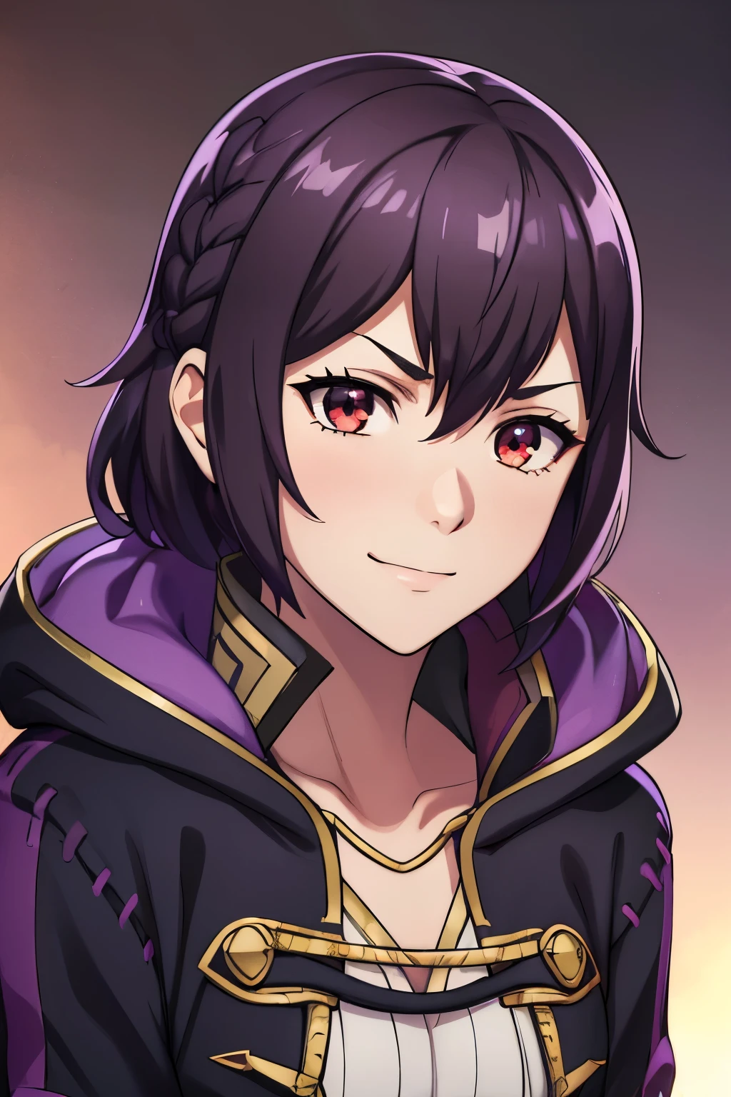 (high-quality, breathtaking),(expressive eyes, perfect face) 1girl, female, solo, portrait, Fire Emblem Awakening, Symmetrical Eyes, ominous darkness background, Robin (Fire Emblem: Awakening), dark Brown hair color, short hair length, messy wavy hair, hair ornament, upper body, red eyes, Black and purple robe, gold trim, hood, white shirt, brown belt, tomb, evil expression, evil smile, detailed eyes, adorable face, short height, Cult of Grima, Fell Dragon Grima, Arms down, female robin (fire emblem), dark brown hair, braided bang, ribbon in hair, purple fire, purple embers, dark blue fire, Grima Robin
