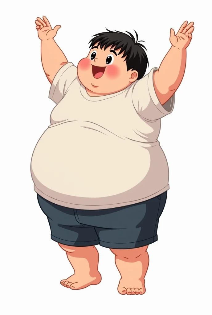 anime style, 1 boy, (male child), , green hair color, naked, overweight, chubby, (paunch exposed), (large belly significantly hanging over the waistband), (full blushed), happy