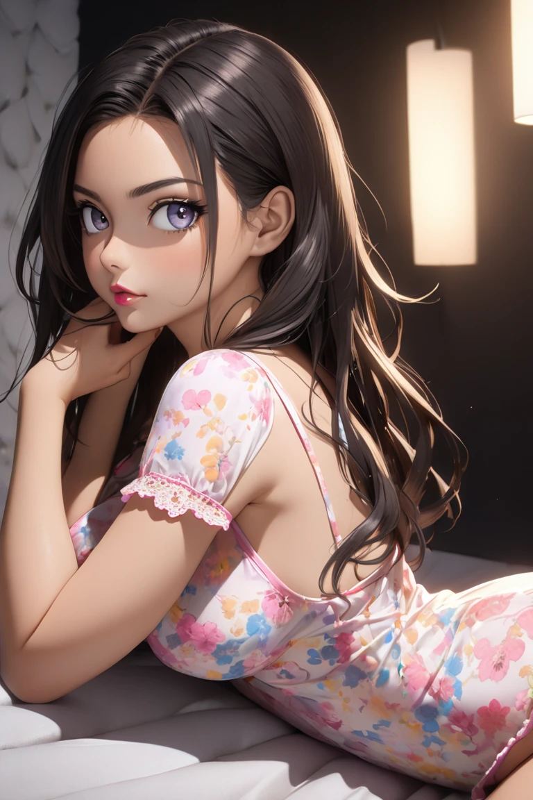 Highest quality、Realistic、、zoom、woman、cute、Light grey eyes、Black Hair、Long straight line、Tanned brown skin、Dark Skin、Pink panties with small character print、Pink panties with small character print、Captivating smile、Flat Chest、。Bust Shot、Low length、Chubby、Shower room、