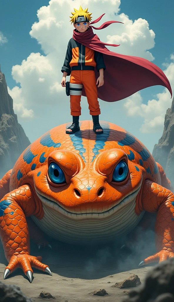 Naruto stands defiantly atop the head of a giant 10-meter tall toad covered in bright orange scales with striking blue markings, his short blond hair flowing in the wind. His piercing blue eyes burn with determination, whisker-like markings on his cheeks accentuate his stern expression. Dressed in a bold orange and black outfit, complete with a crimson cloak and metallic headband, Naruto exudes confidence amidst a backdrop filled with menacing clouds..,Naruto clothes,