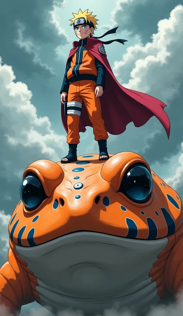 Naruto stands defiantly atop the head of a giant 10-meter tall toad covered in bright orange scales with striking blue markings, his short blond hair flowing in the wind. His piercing blue eyes burn with determination, whisker-like markings on his cheeks accentuate his stern expression. Dressed in a bold orange and black outfit, complete with a crimson cloak and metallic headband, Naruto exudes confidence amidst a backdrop filled with menacing clouds..,Naruto clothes,