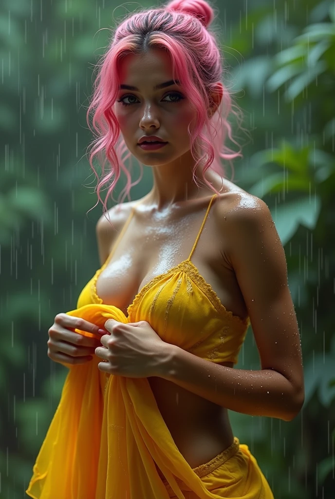 ORIENTAL WOMAN, with pink hair and green eyes, sprinting, completely wet, wearing white lingerie, completely see-through, sobre a chuva.