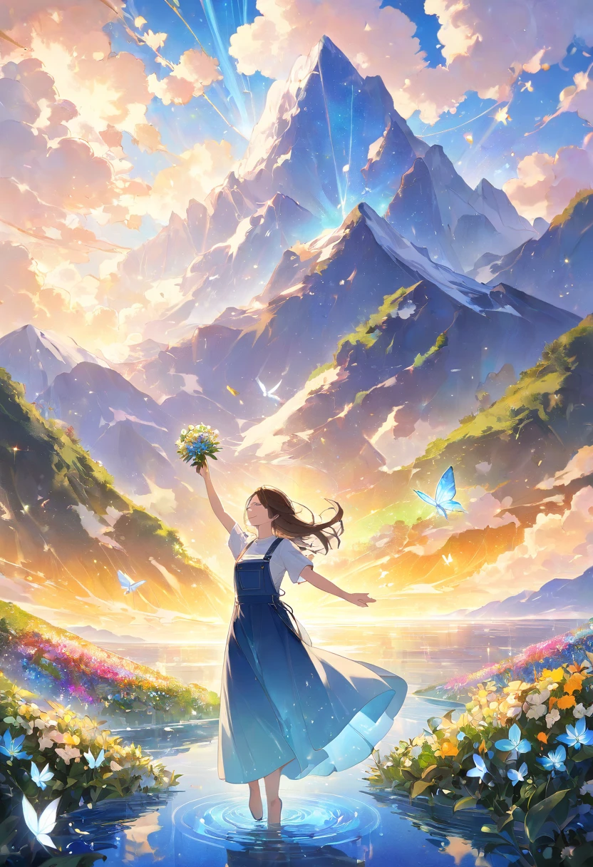 (((Soul Love ))),(((masterpiece))),(( gradation rich )),(( bluish overall )),( Large Coloured Photons),(A splendid flower in the foreground 々),( Perfect Anatomy ),( Ultra High Quality), rich color palette,Beautiful fantastic lighting ,silhouette 0.47,Mysterious, Higher Self , Light Green Plants ,truth,Ascension,joy,thank you,comfortable,fair,Elegance,Polite , true strength ,full of vitality,altruism,Beautiful,clean, soft,Three Thousand Worlds,here and now, Forget Time ,Unadorned ,fun,continuation,Heartwarming,heaven,Clear waterside ,Vast Mountain々,small white butterfly々4, detailed background,Artwork, best quality,