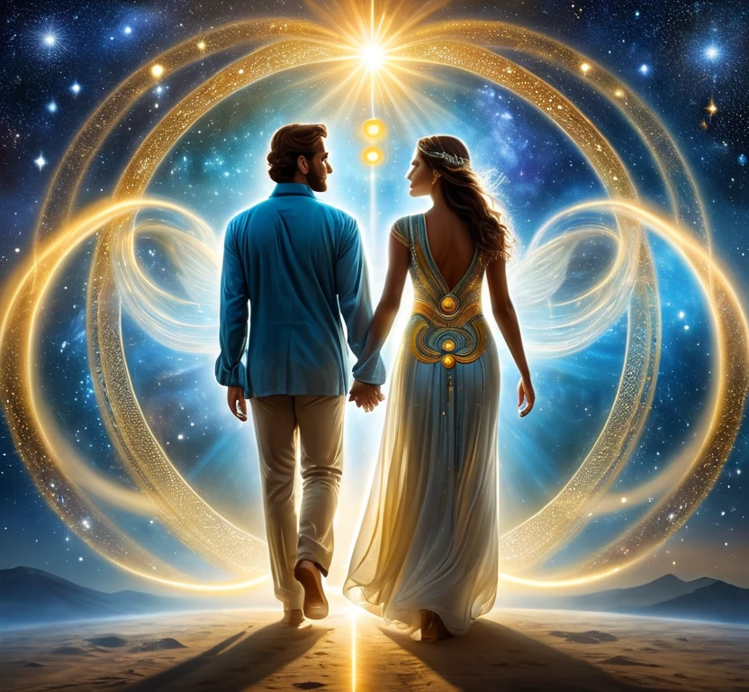 An aesthetic art illustration showing blissful divine portrayal of love.  Cosmic, magical, ethereal representation of divine masculine and divine feminine in union.  The couple walks, immersed in celestial light, depicting radiant divine love.  The couple is one with cosmic infinity, they manifest soul union and soul transcendence. 