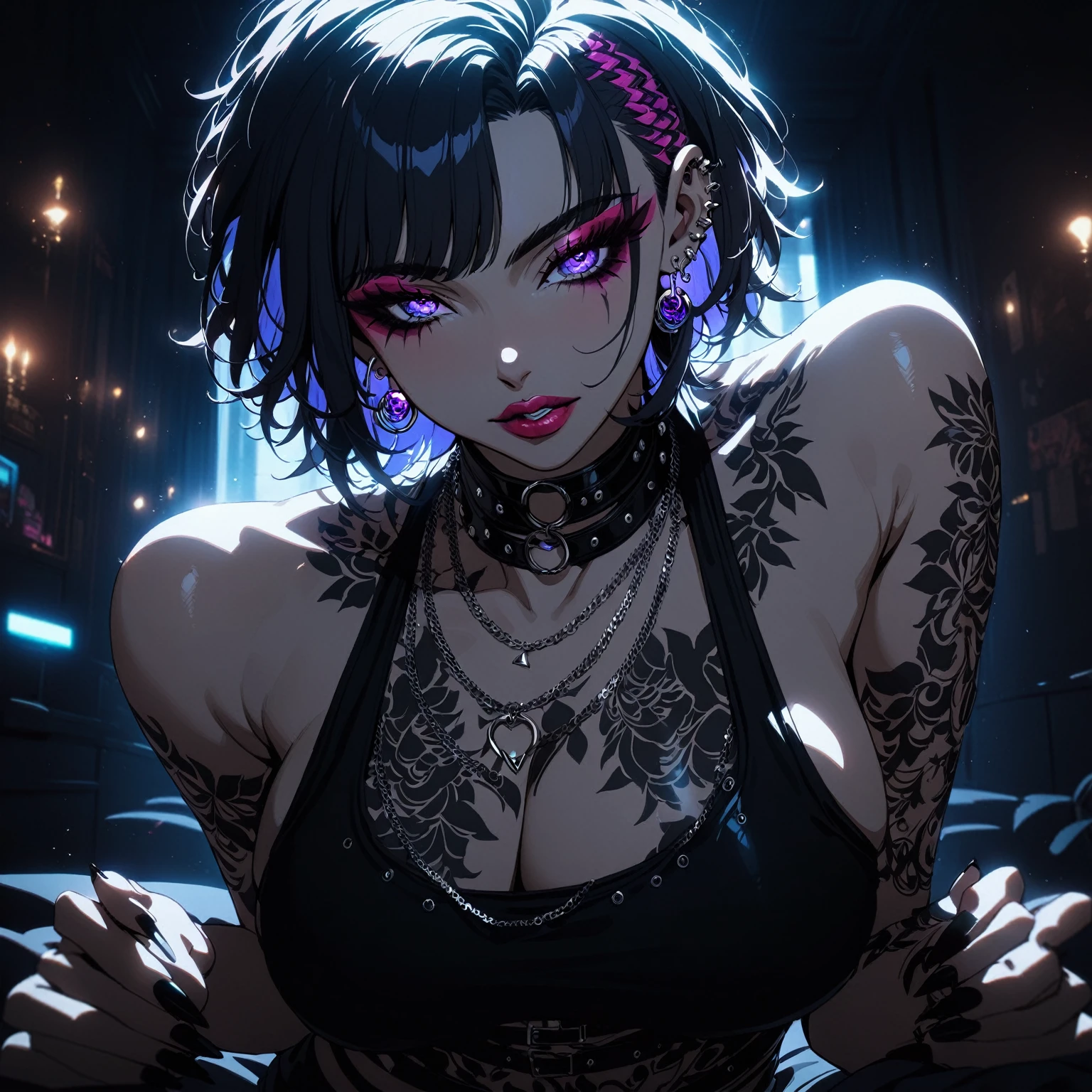 1girl, Holo-Punk Style, goth, black hair, earrings, eyelashes, indoors, jewelry, lips, makeup, necklace, short hair, solo, tattoo, faux hawk, punk aesthetic, foreshortening, darkbackground, cinematic lighting, masterpiece, best quality , big breasts
