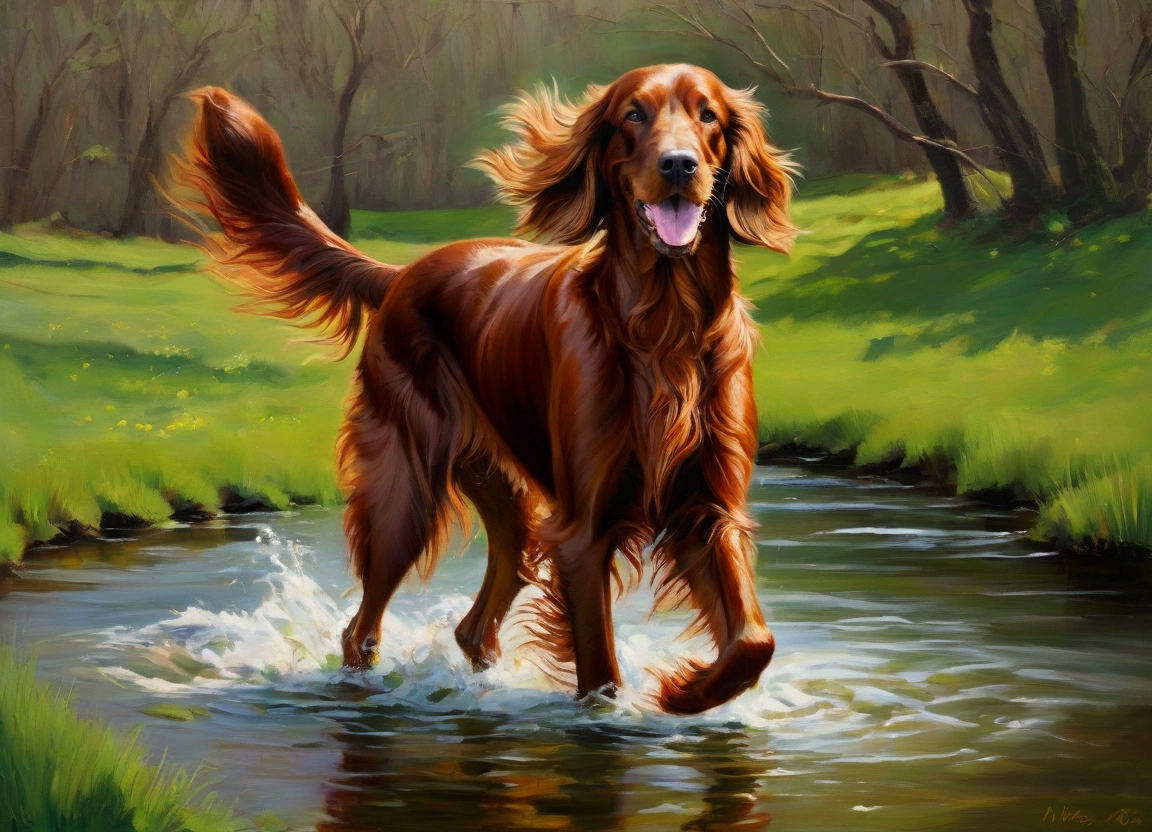 Create an oil painting of an Irish Setter with its flowing, shiny red coat. Incorporate soft greens and golden hues in the background, using loose, expressive strokes to suggest clovers and the freshness of early spring