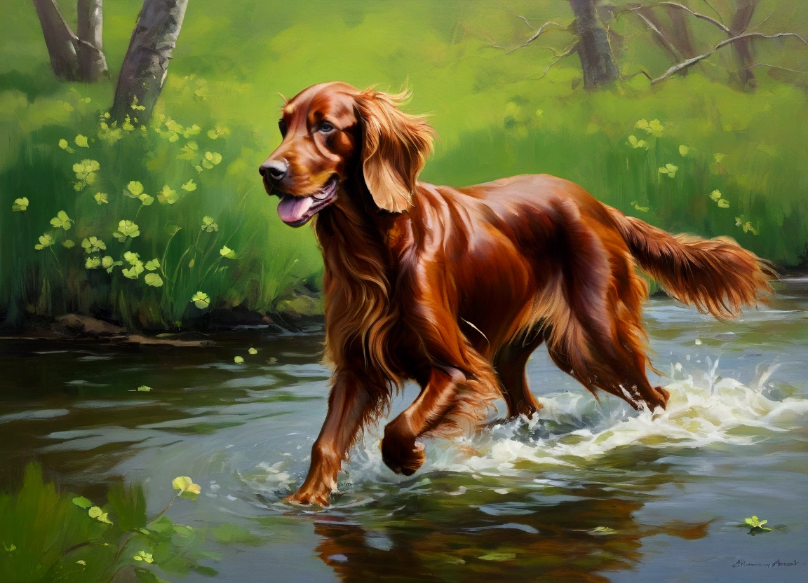 Create an oil painting of an Irish Setter with its flowing, shiny red coat. Incorporate soft greens and golden hues in the background, using loose, expressive strokes to suggest clovers and the freshness of early spring