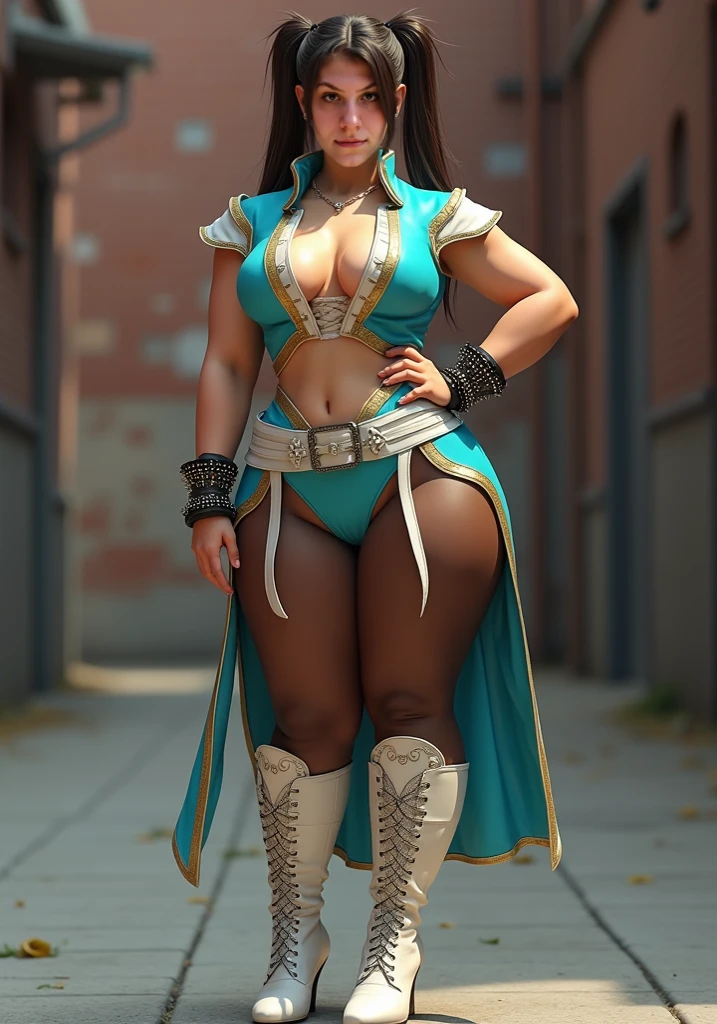 sozinha, kimberly jackson sf6, traje decotado, posing standing at night, narrow chest, seios enormes empinados, cintura bem fina, quadris largos, pernas grossas.