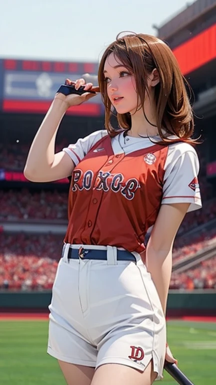 A very beautiful woman wearing a Red Sox uniform,Hitting at Giants Stadium