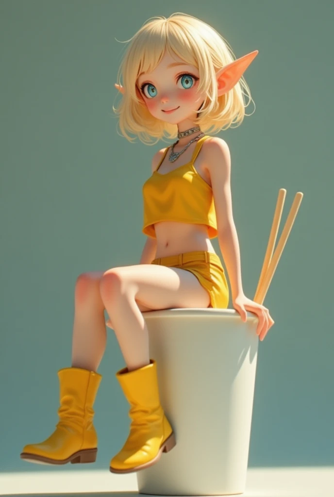 A cup noodles with the cover tightly closed, A small miniature elf figure sitting on the edge of the cover, PVC texture, blonde pixie cut, azure eyes, Pointy Ears, silver necklace, yellow camisole, yellow mini shorts, yellow short boots, smile, super realistic, Tilt lens photography