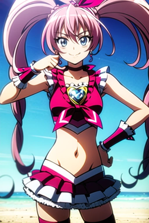 cure melody, navel, pink hair ribbon:1.2, hairband, pink thighhighs, pink shoes, wrist cuffs, twintails, gem, frills, anime coloring, best quality,  looking at viewer, solo, contrapposto, spread armpit, arm behind head, hand on hip, smile, looking at viewer, portrait, closed mouth, night sky, beach, upper body,