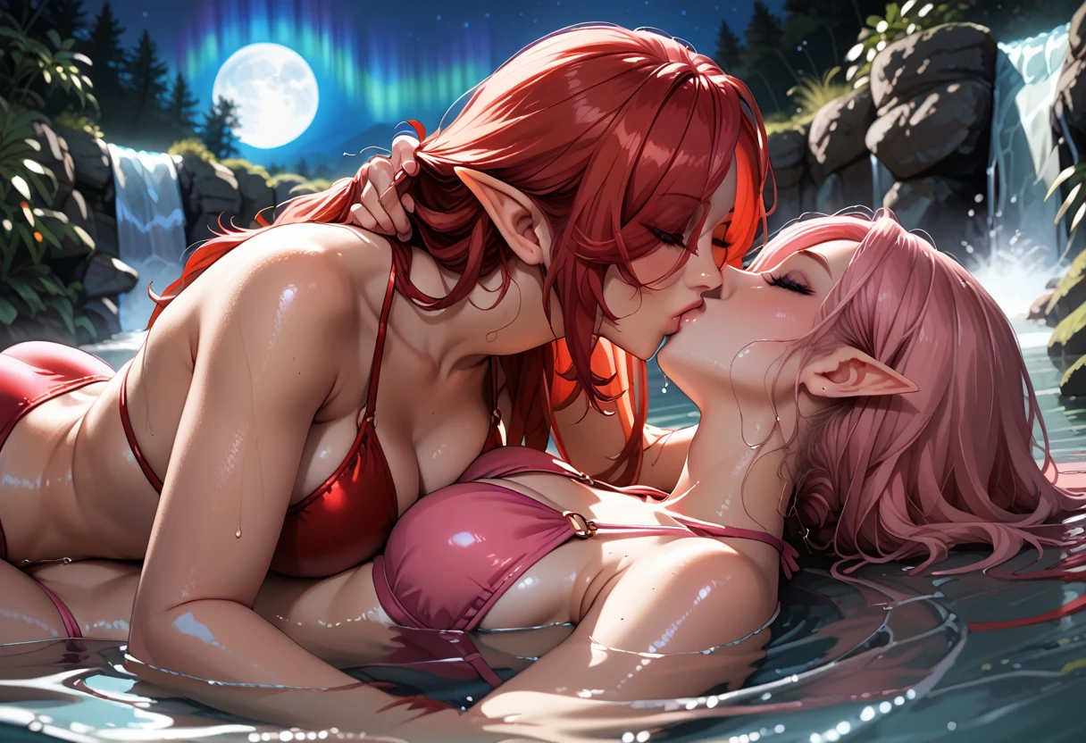 score_9, score_8_up, score_7_up, 2girls, {Afemale_and_Bfemale}, Tag1: {Afemale: Adult, Mature, Curvy, Elf Woman: 1.3, (Long Red Hair over one eye: 1.5), wearing a (Red Bikini Swimsuit: 1.3), curvy, medium breasts: 1.3} and Tag2: {Bfemale: Adult, Curvy, Mature, Elf Woman: 1.3, Long Bright Pink hair over one eye: 1.4, wearing a (Pink Bikini Swimsuit: 1.3), curvy, medium breasts: 1.3}, (lying on back, under a waterfall, lying on top, hand in hair, submerged in water, at a lake at night under the full moon and aurora: 1.3), (Yuri_Kiss: 1.3), (kiss: 1.3), (eyes closed,: 1.3), (Close-up: 1), (side: 1.0), extremely detailed, ray tracing, RTX, high saturation, high contrast, photon mapping, sharp image, best quality, detailed background, intricate details
