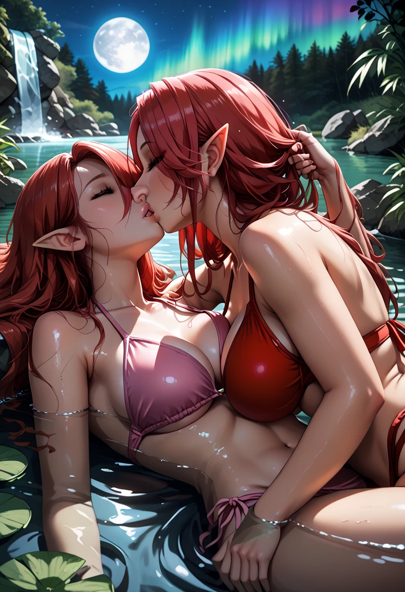 score_9, score_8_up, score_7_up, 2girls, {Afemale_and_Bfemale}, Tag1: {Afemale: Adult, Mature, Curvy, Elf Woman: 1.3, (Long Red Hair over one eye: 1.5), wearing a (Red Bikini Swimsuit: 1.3), curvy, medium breasts: 1.3} and Tag2: {Bfemale: Adult, Curvy, Mature, Elf Woman: 1.3, Long Bright Pink hair over one eye: 1.4, wearing a (Pink Bikini Swimsuit: 1.3), curvy, medium breasts: 1.3}, (lying on back, under a waterfall, lying on top, hand in hair, submerged in water, at a lake at night under the full moon and aurora: 1.3), (Yuri_Kiss: 1.3), (kiss: 1.3), (eyes closed,: 1.3), (Close-up: 1), (side: 1.0), extremely detailed, ray tracing, RTX, high saturation, high contrast, photon mapping, sharp image, best quality, detailed background, intricate details
