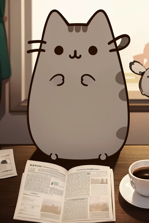 ((masterpiece,best quality)), absurdres, Pusheen, animal focus, cat, coffee mug, reading newspapwer, crime city