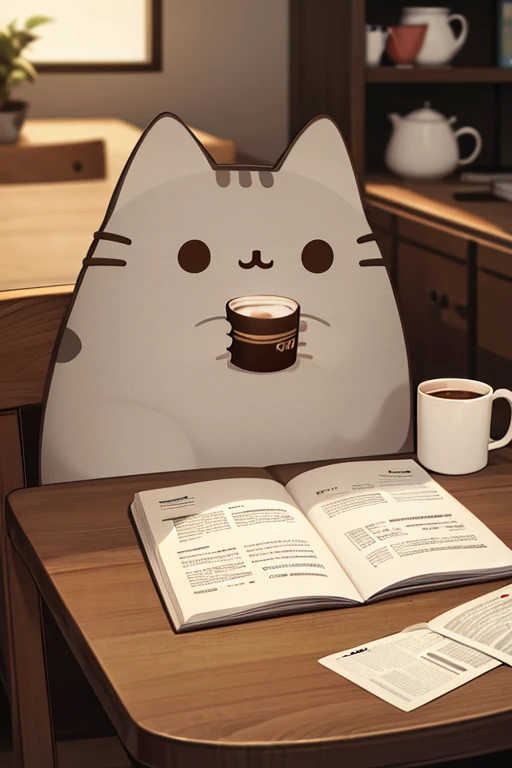 ((masterpiece,best quality)), absurdres, Pusheen, animal focus, cat, coffee mug, reading newspapwer, crime city