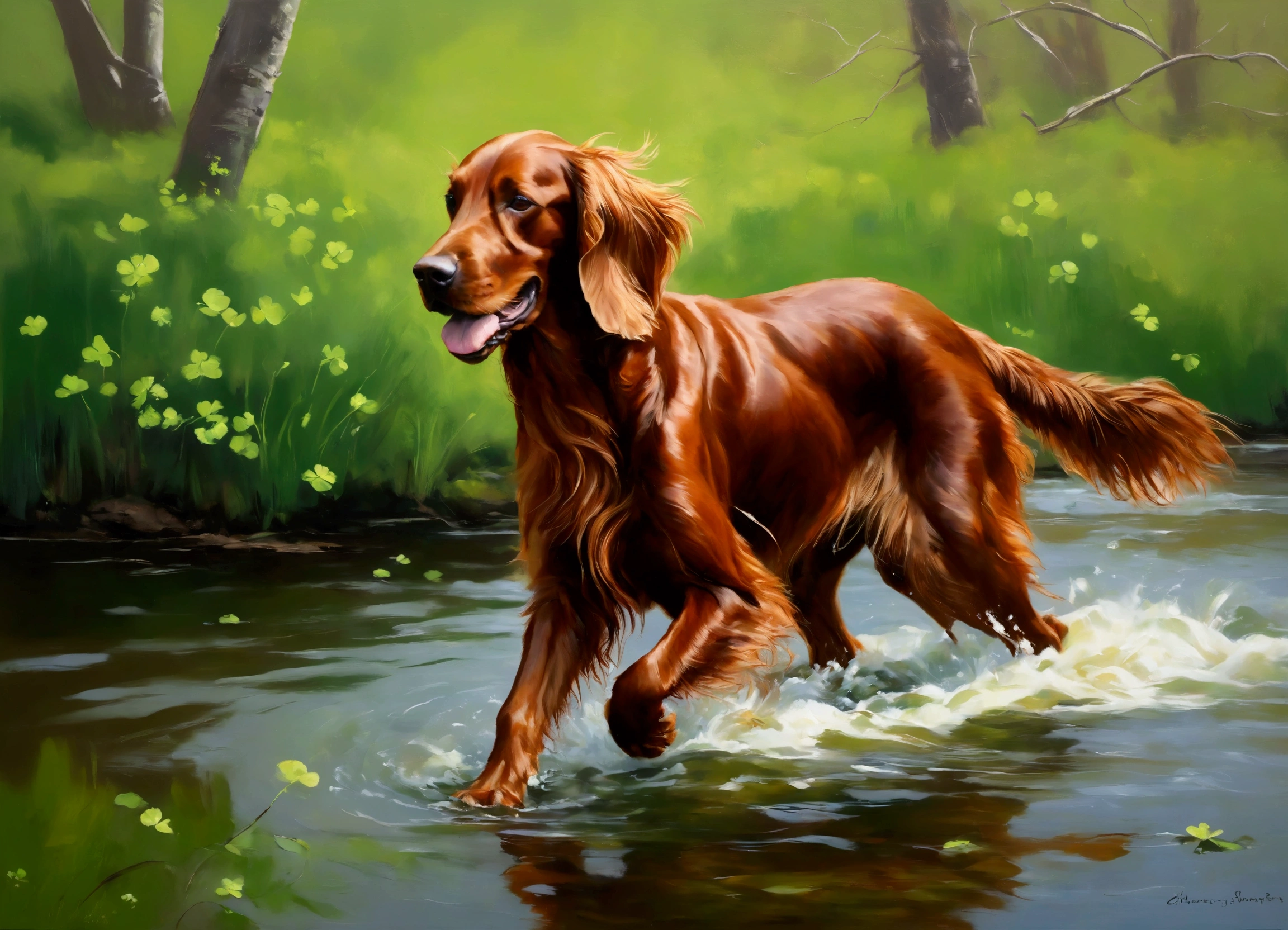 Create an oil painting of an Irish Setter with its flowing, shiny red coat. Incorporate soft greens and golden hues in the background, using loose, expressive strokes to suggest clovers and the freshness of early spring