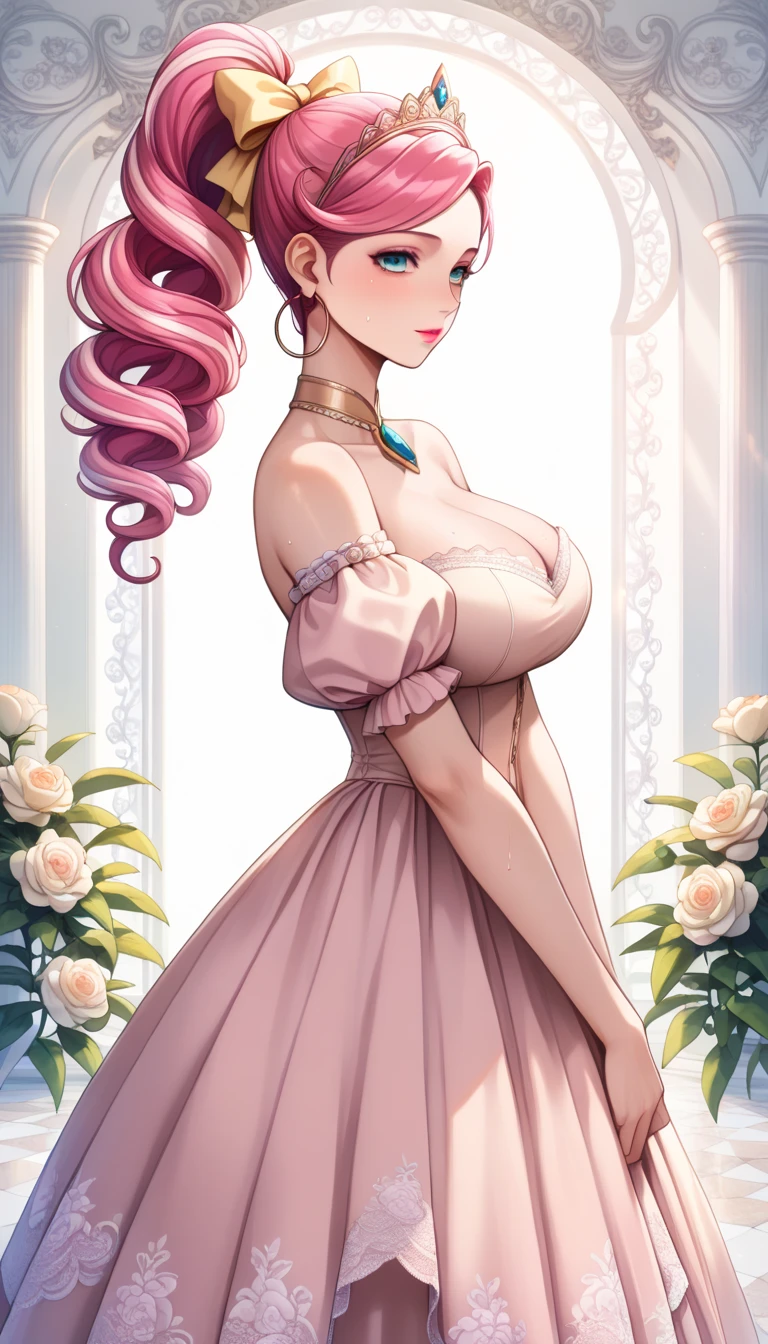 1 milf, long hair, big breasts, wearing a shirt which went down and exposed her right breast, Sure,
Imagine a woman of extraordinary beauty, with waist-length pink hair cascading in soft waves. Her eyes are a bright and deep shade of green, sparkling with curiosity and vivacity. Her face is lit up by a gentle smile and softly contoured cheekbones, emanating an aura of warmth and charm.
She is dressed in a dazzling white gown that seems to float around her like an ethereal cloud. The dress is adorned with delicate lace and pearl details that shimmer with every movement, reflecting the light filtering through nearby windows. Thin, elegant straps delicately fall over her shoulders, adding a touch of subtle elegance to her appearance.
Her hands are adorned with silver bracelets that accentuate her smooth, lightly bronzed skin. Her nails are painted with a clear polish that perfectly complements her sophisticated and natural style.
She radiates a serene serenity as she gracefully walks through a flower garden, where white and pink flowers create a charming and picturesque backdrop around her. Each step she takes seems filled with grace and delicacy, as if she were dancing with the spring breeze gently caressing her face.
This woman, with her bright pink hair, vibrant green eyes, and dazzling white gown, captures the imagination with her radiant presence and natural elegance, creating an image of pure and timeless beauty.