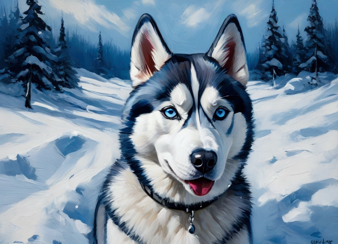 Paint a Siberian Husky with sharp, clean features and its iconic piercing blue eyes. Use rich, textured oil strokes to create a snowy, wintery scene in icy blues and whites, with subtle shadowing to capture the cold atmosphere, impasto texture