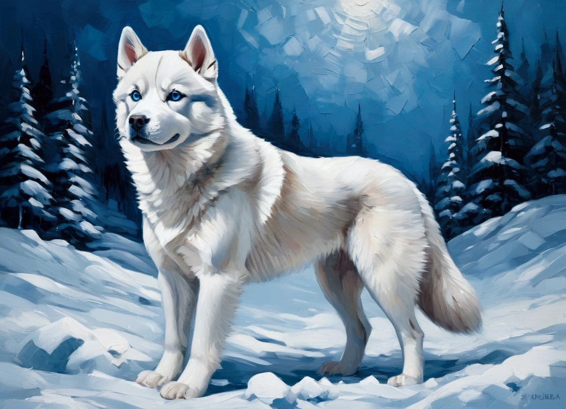 Paint a Siberian Husky with sharp, clean features and its iconic piercing blue eyes. Use rich, textured oil strokes to create a snowy, wintery scene in icy blues and whites, with subtle shadowing to capture the cold atmosphere, impasto texture