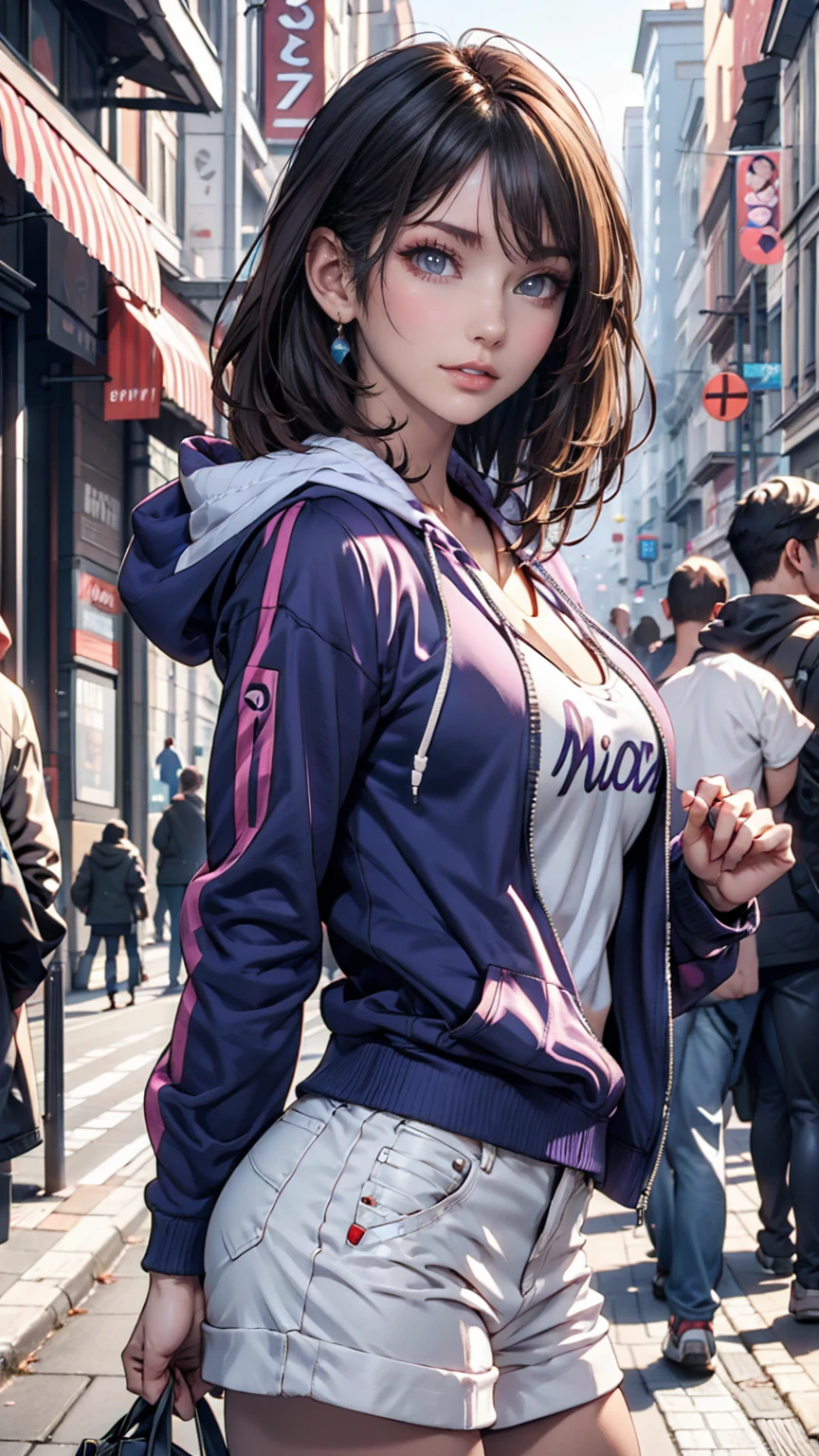   anime girl , White short hair,  purple eyes,  hoodies , pc, streamer, vtuber,  street style