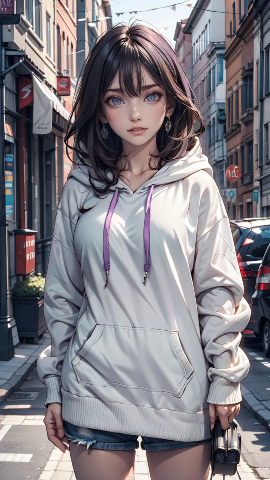   anime girl , White short hair,  purple eyes,  hoodies , pc, streamer, vtuber,  street style