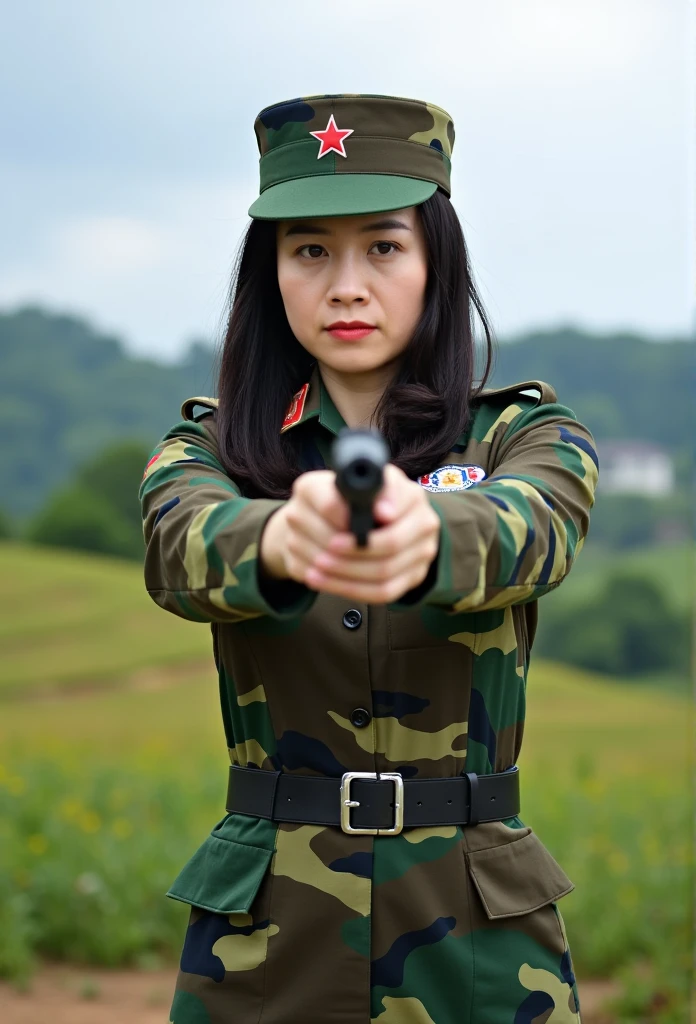 ctai, She named Thucoi,Young women,a young woman in a military camouflage uniform, with a peaked cap featuring a red star emblem. She is holding a pistol in both hands, aiming it directly at the camera. The background appears to be an outdoor, rural setting, with rolling hills and a cloudy sky visible. The woman has a serious, focused expression on her face, conveying a sense of discipline and training. The overall impression is one of a capable, armed military or law enforcement personnel in a combat-ready stance.