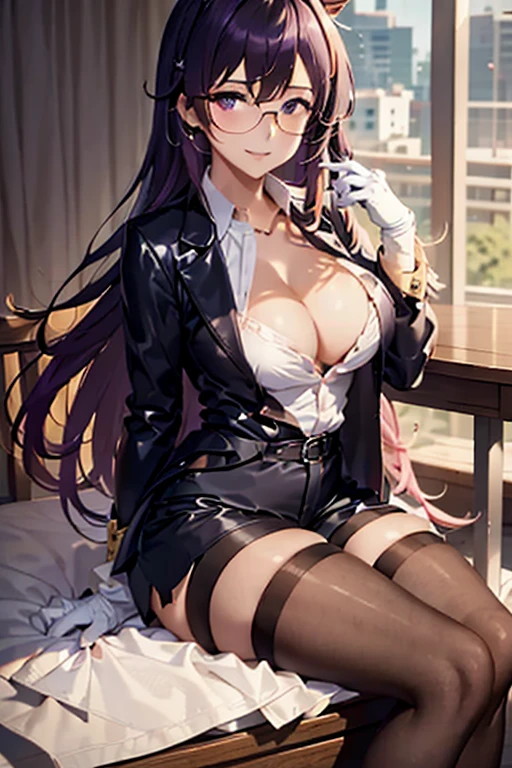 black hair, long hair, black cat ears, mirror selfie, white shirt, open buttons, bra, cleavage, breasts, leaning forward, light brown skirt, smooth lighting, bright colors, exposed midriff, open shirt, lewd, flirty, teasing, thighs, purple highlights, exposed bra