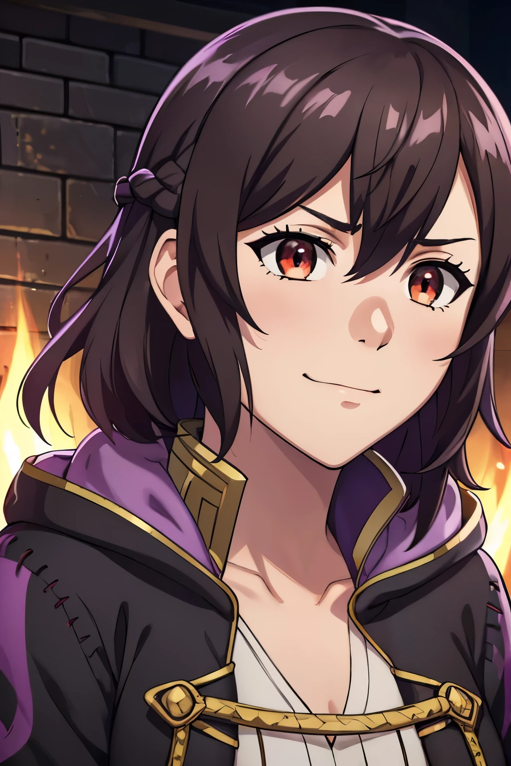 (high-quality, breathtaking),(expressive eyes, perfect face) 1girl, female, solo, portrait, Fire Emblem Awakening, Symmetrical Eyes, ominous darkness background, Robin (Fire Emblem: Awakening), dark Brown hair color, short hair length, messy wavy hair, hair ornament, upper body, red eyes, Black and purple robe, gold trim, hood, white shirt, brown belt, tomb, evil expression, evil smile, detailed eyes, adorable face, short height, Cult of Grima, Fell Dragon Grima, Arms down, female robin (fire emblem), dark brown hair, braided bang, ribbon in hair, Grima Robin, stone wall
