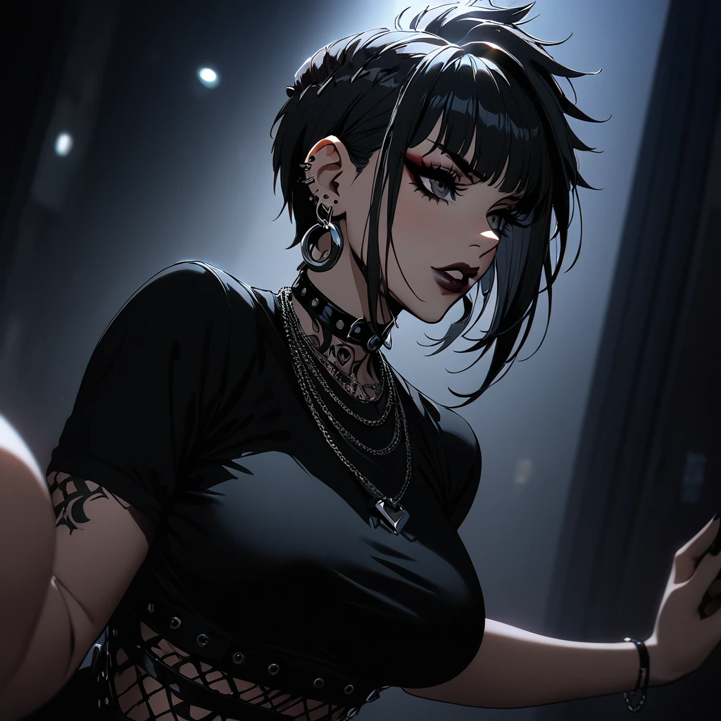 1girl, Holo-Punk Style, goth, black hair, earrings, eyelashes, indoors, jewelry, lips, makeup, necklace, short hair, solo, tattoo, faux hawk, punk aesthetic, foreshortening, darkbackground, cinematic lighting, masterpiece, best quality , big breasts