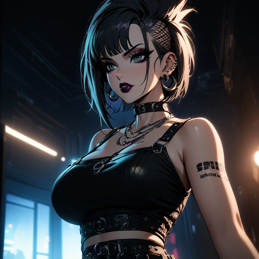 1girl, Holo-Punk Style, goth, black hair, earrings, eyelashes, indoors, jewelry, lips, makeup, necklace, short hair, solo, tattoo, faux hawk, punk aesthetic, foreshortening, darkbackground, cinematic lighting, masterpiece, best quality , big breasts