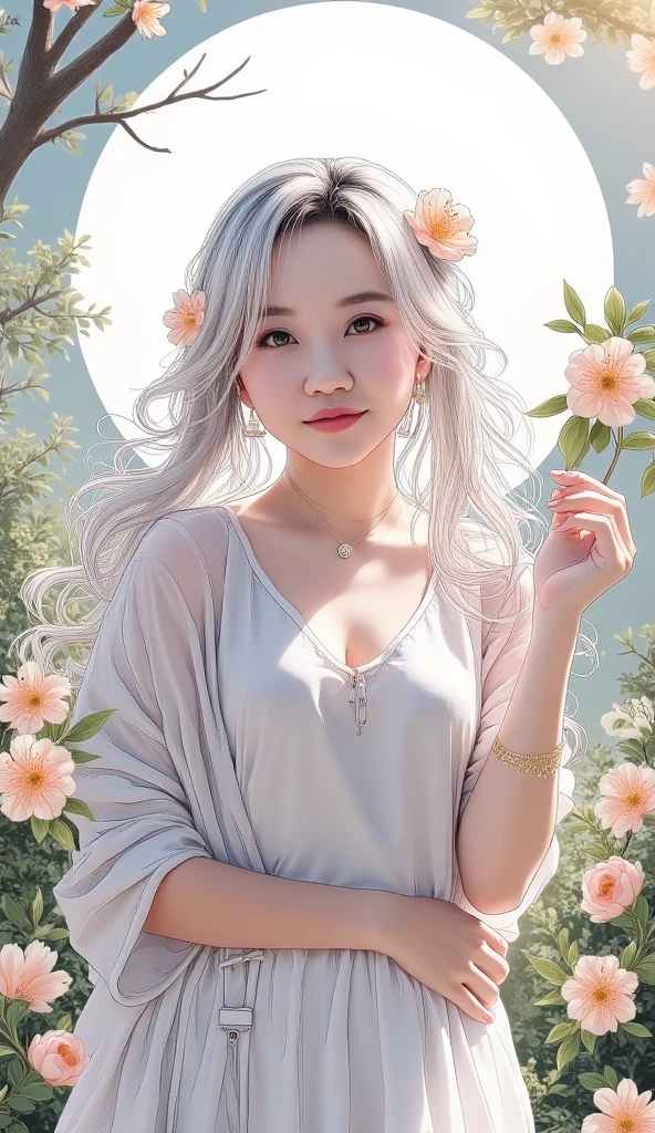 (1girl, pigtails, Jewely, Nipple Ring, blossoms By bangs, Printing, looking at viewer, long white hair, longer sleeves, Florest background, The upper part of the body, shift dresses, Wrist watch, bangle, puff sleeves, brunette color hair, shawl, single braid, ribbon, floor Branca, hairband, Keep one's mouth shut, Raise Hand, Braided ponytail, Hanfu, white skirt, blue dress, Hand on chin), ((Solo))，In a sea of flowers, Full moon background, realistic sketch, hyper realistic sketch, detailed pencil sketch, Pencil sketch, realistic digital drawing, detailed sketch drawing, highly detailed portrait, detailed 4 k drawing, pencil drawing, highly detailed sketch, Realistic drawing, extremely detailed portrait, detailed but rough, pencil drawing illustration, realism drawing, detailed sketch, sketch art,((High quality, Masterpiece:1.4)), Portrait sketch, Messy drawings, Messy charcoal spots, Unfinished sketch, Painting in charcoal style, Sketchbook drawing, sketchbook, Beautiful hair, Black eyes, pretty, Realistic charcoal line, Imperfect drawing, Charcoal shavings, Charcoal production line, imperfections, Doctor's robe in white dress, Realistic