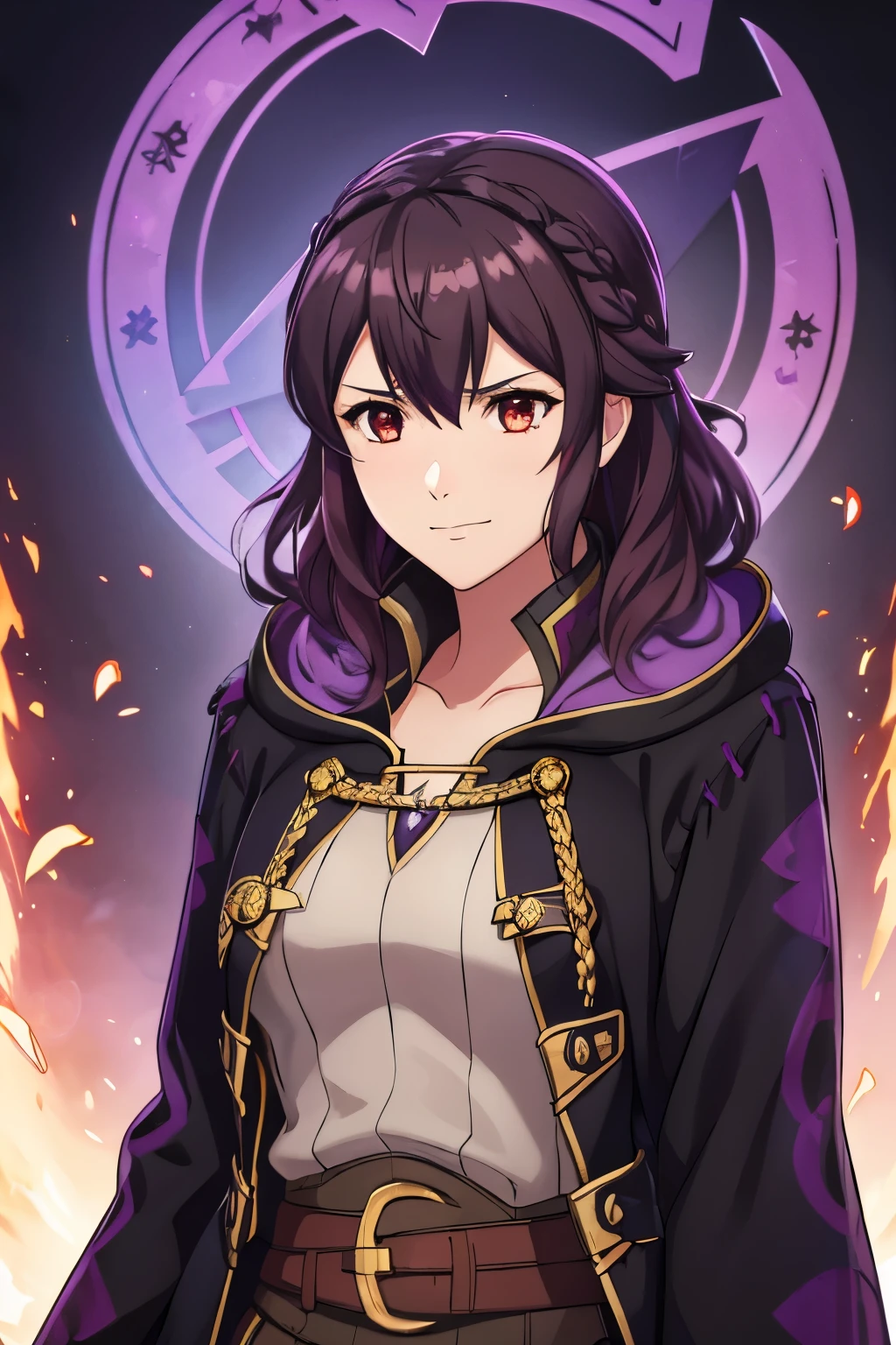 (high-quality, breathtaking),(expressive eyes, perfect face) 1girl, female, solo, portrait, Fire Emblem Awakening, Symmetrical Eyes, ominous darkness background, Robin (Fire Emblem: Awakening), dark Brown hair color, short hair length, messy wavy hair, hair ornament, upper body, red eyes, Black and purple robe, gold trim, hood, white shirt, brown belt, tomb, evil expression, evil smile, detailed eyes, adorable face, short height, Cult of Grima, Fell Dragon Grima, Arms down, female robin (fire emblem), dark brown hair, braided bang, ribbon in hair, purple fire, purple embers, dark fire, Grima Robin
