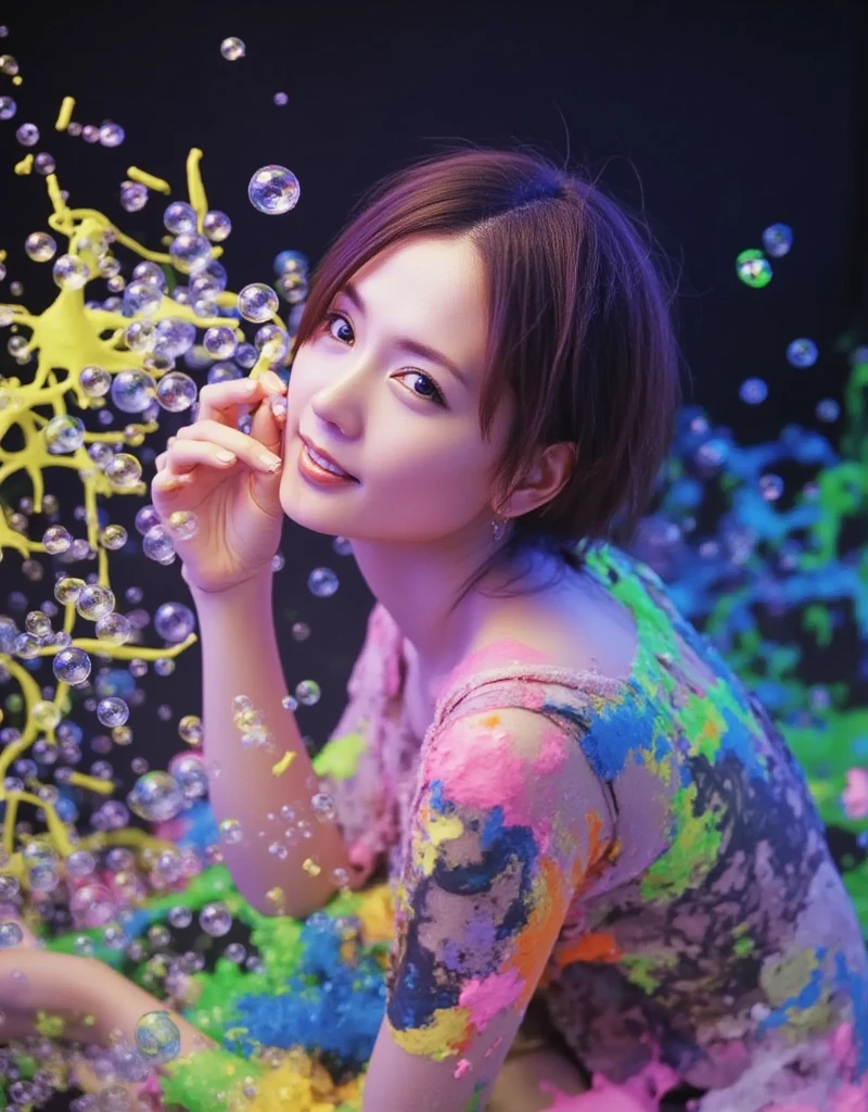 A highly detailed full-body portrait of an Asian woman. The neon fluorescent paint is uncured and fluid, flowing with gravity on the woman's skin. The hair, face and upper body are covered in splashes of neon fluorescent paint, which glow vividly under a powerful UV black light. The expression is calm and serene, with vibrant colors of pink, yellow, orange, blue and green dancing on the skin. The glowing paint creates abstract patterns on the face, neck and shoulders, with bright neon colored spots and streaks enhancing the dreamy atmosphere. The woman has a slender, small face and very busty, serene features.
The wet paint flows over the surface of the skin, creating a vortex of fluidity that glows fantastically, and the paint dripping from her hair, ears and chin also emits a beautiful glow as it falls.
The lighting is dramatic and minimal, with a powerful UV light illuminating the fluorescent paint, making the colors pop against the dark, pitch black background. The contrast of the neon tones and shadows accentuates the glow of the paint, giving the image a surreal, otherworldly feel. The texture of the paint is mushy and detailed, while the soft lighting accentuates the contours of her face, creating a beautiful interplay of light and shadow. The overall atmosphere is artistic, futuristic and seductive, with a focus on the glowing vibrant colors and the subject's serene expression.