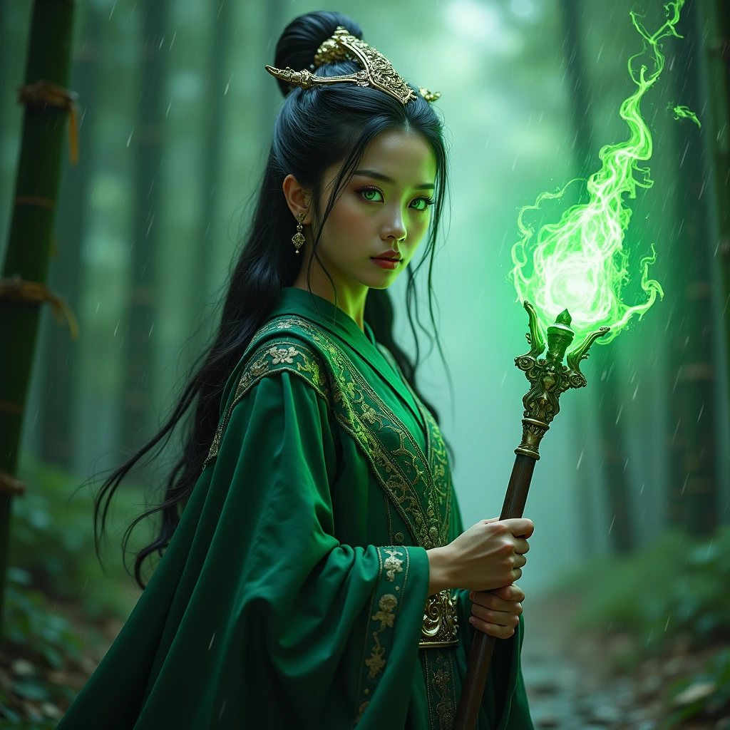 Loki , Women , Horned golden crown, Good shape , mediuml breasts, Few pieces of clothing, A green-and-black rope is wrapped around it., Green Power, lighting green, Green and black space background, Magic, fantasy, motion picture, lifelike,