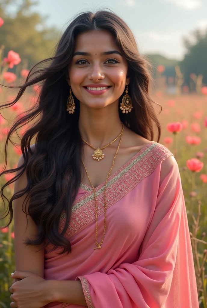 Sitting on a carpet, wearing a pink and white saree with intricate embroidery, her hair in a half-updo. She is holding a small cup of tea and smiling warmly.a red and gold silk saree adorned with jasmine flowers. She wears gold jewelry, including bangles and a necklaces