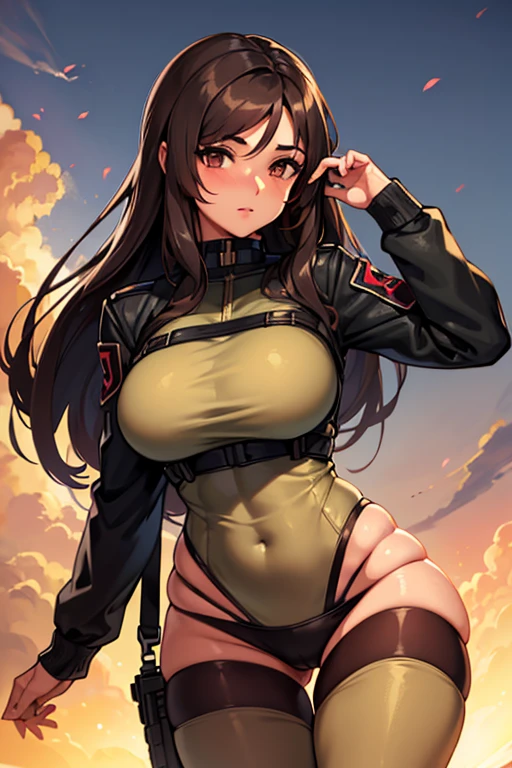 a beautiful young Latina woman with long silky brown hair with gorgeous brown eyes. Medium perky breasts, thick thighs, dark bronzed skin, in tactical military combat uniform