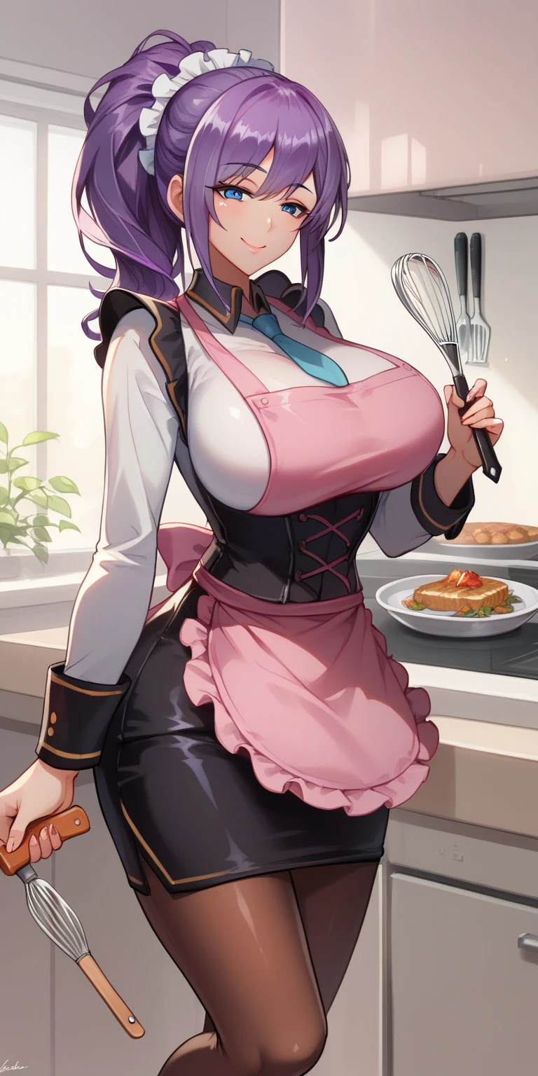 score_9, score_8_up, score_7_up, 1girl, mature female, shiny skin, lucy, purple hair, very long hair, blue eyes, hair ornament, black footwear, black skirt, pencil skirt, breasts, holding plate, large breasts, long sleeves, looking at viewer, brown legwear, ponytail, smile, solo, blue necktie, white shirt, black corset, maid headdress, pink apron, pink ribbon, holding whisk,kitchen, day,naughty face, cowboy shot,