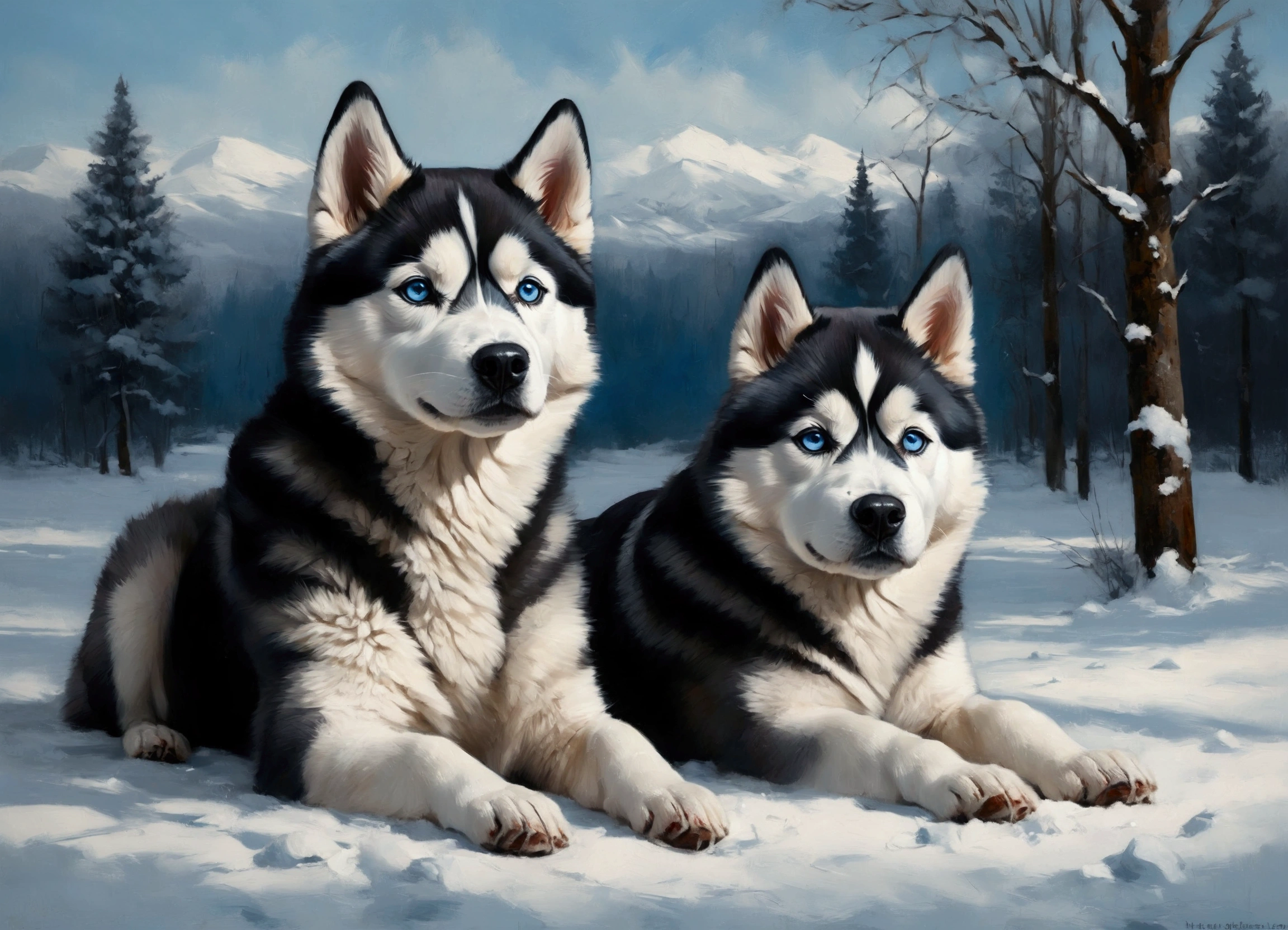 Paint a Siberian Husky with sharp, clean features and its iconic piercing blue eyes. Use rich, textured oil strokes to create a snowy, wintery scene in icy blues and whites, with subtle shadowing to capture the cold atmosphere