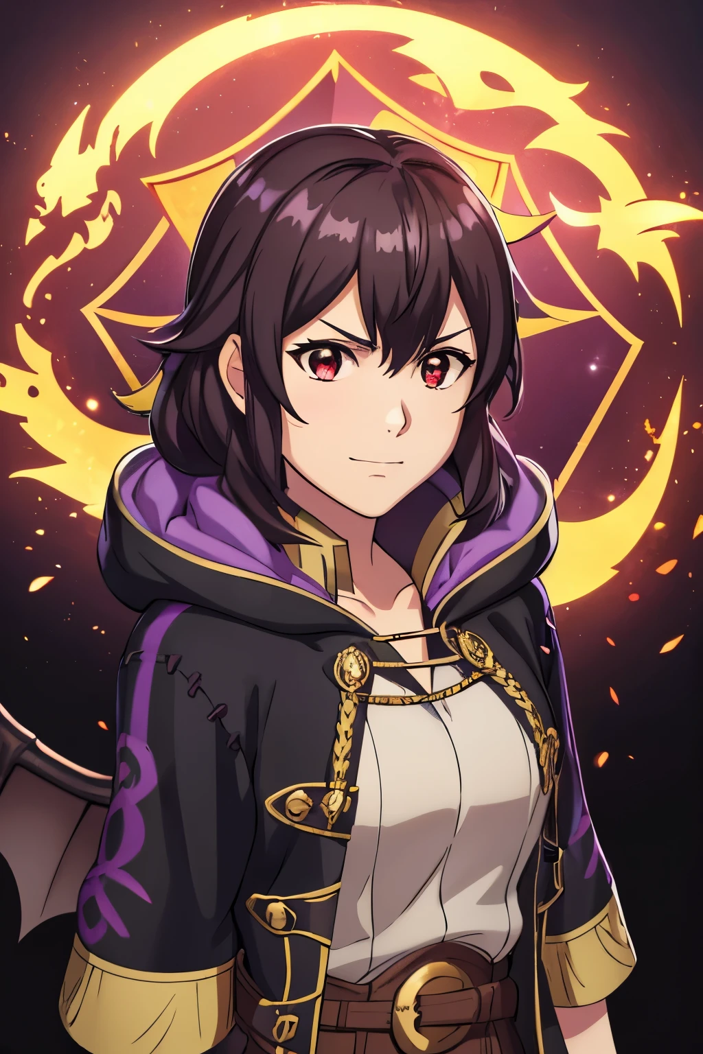 (high-quality, breathtaking),(expressive eyes, perfect face) 1girl, female, solo, portrait, Fire Emblem Awakening, Symmetrical Eyes, ominous background, black background, purple lights, embers, Robin (Fire Emblem: Awakening), dark Brown hair color, short hair length, messy wavy hair, hair ornament, upper body, red eyes, Black and purple robe, gold trim, hood, white shirt, brown belt, tomb, evil expression, evil smile, detailed eyes, adorable face, short height, Cult of Grima, Fell Dragon Grima, Arms down, female robin (fire emblem), dark brown hair, braided bang, ribbon in hair, Grima Robin
