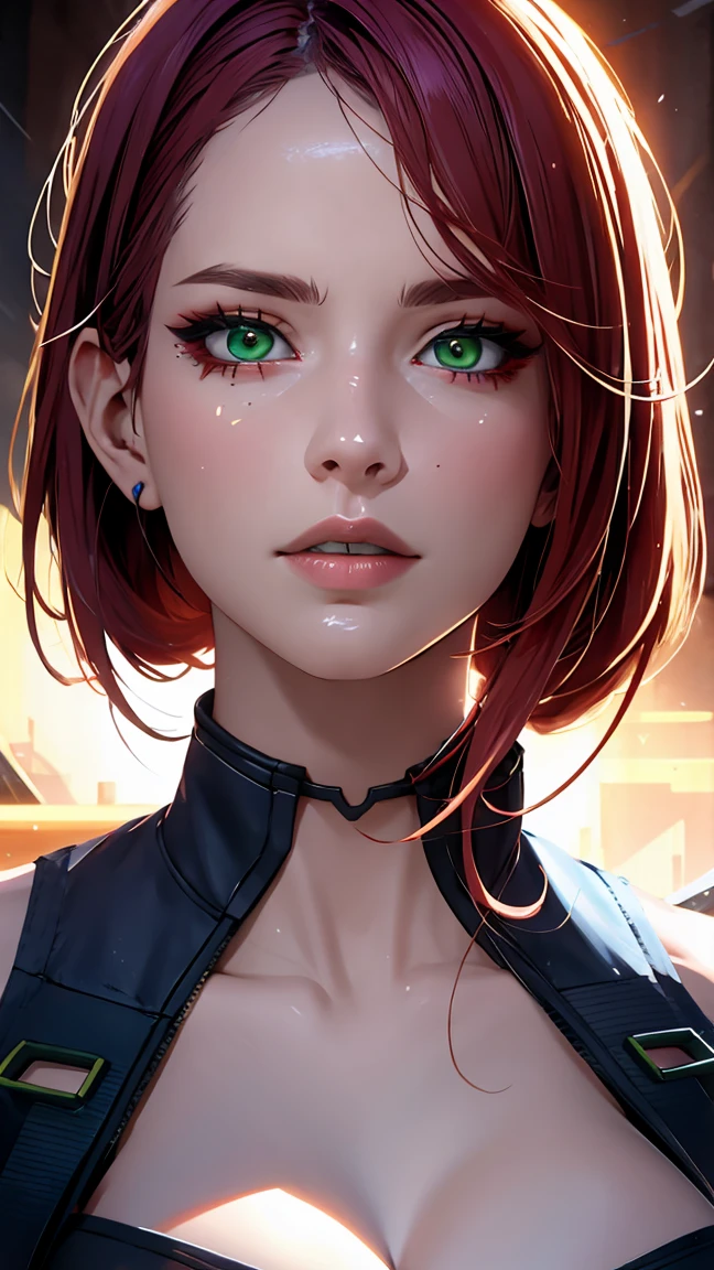 A redheaded girl with large breasts, wearing tactical gear, with green eyes and pointed ears, beautiful detailed eyes, beautiful detailed lips, extremely detailed face, longeyelashes, photorealistic, 8k, ultra-detailed, masterpiece, fantasy, cinematic lighting, dramatic colors