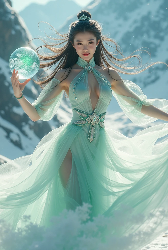 A beautiful woman with long flowing hair wielding an rainbow flaming ball, dancing in a snowy landscape, wearing a flowing transparent white cheongsam dress, adorned with emerald jewels, her confident smiling face surrounded by swirling clouds against a mountainous backdrop, (best quality,4k,8k,highres,masterpiece:1.2),ultra-detailed,(realistic,photorealistic,photo-realistic:1.37),extremely detailed eyes and face,longeyelashes,intricate ice sword,dramatic lighting,moody atmospheric,fantasy,cinematic,digital painting