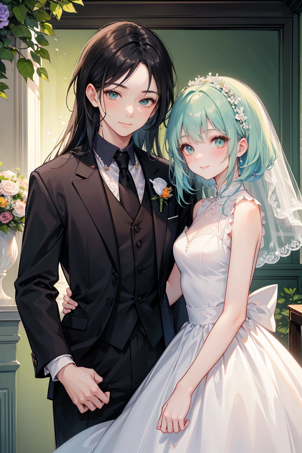 A boy with blue hair, medium short hair, green eyes, height 1.84 elegant suit hugging a girl with platinum white wavy hair waist length crimson red eye color elegant clothing sexy fox race