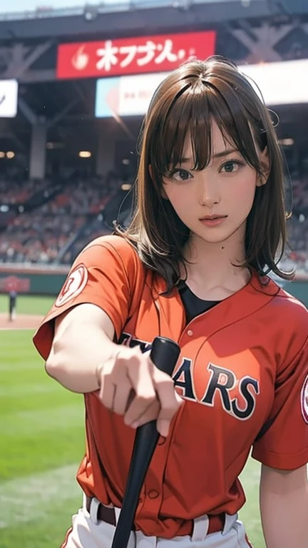 A very beautiful woman wearing a Hiroshima Carp uniform,Hitting at Giants Stadium、 bat