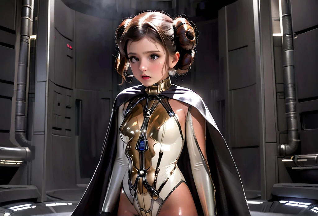 Young girl in the role of Princess Leia   (  white metallic body suit and cape )   is an ultra-modern and very dangerous torture chamber,  Who begs for mercy with Darth Vader  , Damsel in Not, Damsel in Distress
