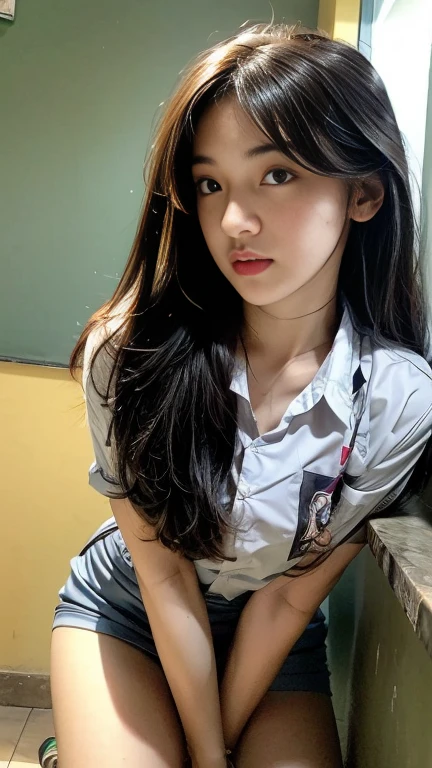 Multiple girl, realistic, extremely detailed, 8k, Intricate, High Detail, Sharp focus, cute high school girl, beautiful, standing, indohighschool uniform, black wavy hair, classroom, cute, photorealistic, full body, detailed, high quality, using pink panties, using white panties, visible panties