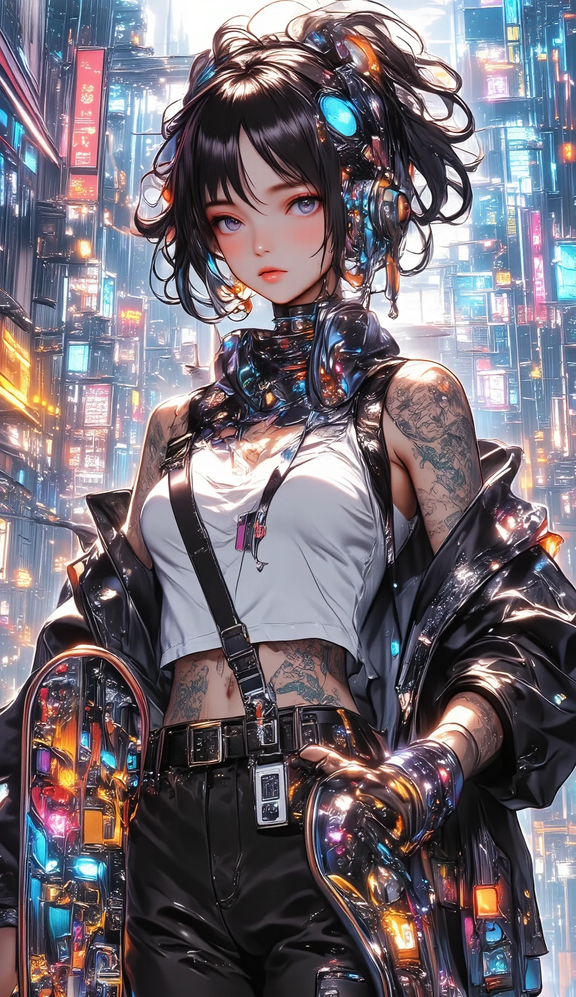  a painting of a woman with tattoos and a skateboard, Cyberpunk art by Russell Dongjun Lu ,  trend in CGSociety , street art, Cyberpunk 2077 Character Art, Cyberpunk streetwear, cyberpunk style 2 0 7 7, cyberpunk 2077 ross drawings,   a highly detailed character design , cyberpunk art style, cyberpunk style attire,  cargo pants.  cyberpunk city 